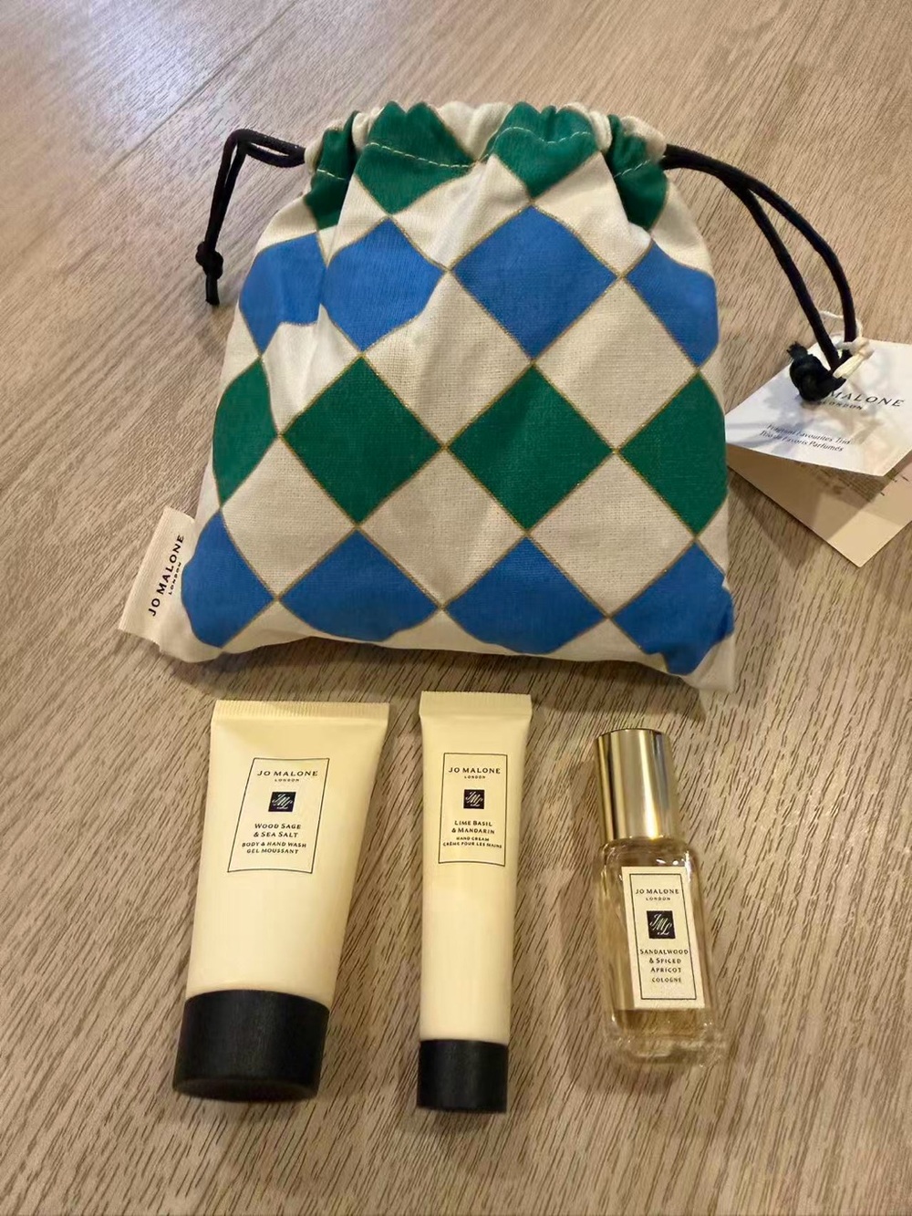 Jo Malone Blue & Green Check Drawstring Cosmetic Pouch with Travel Toiletries